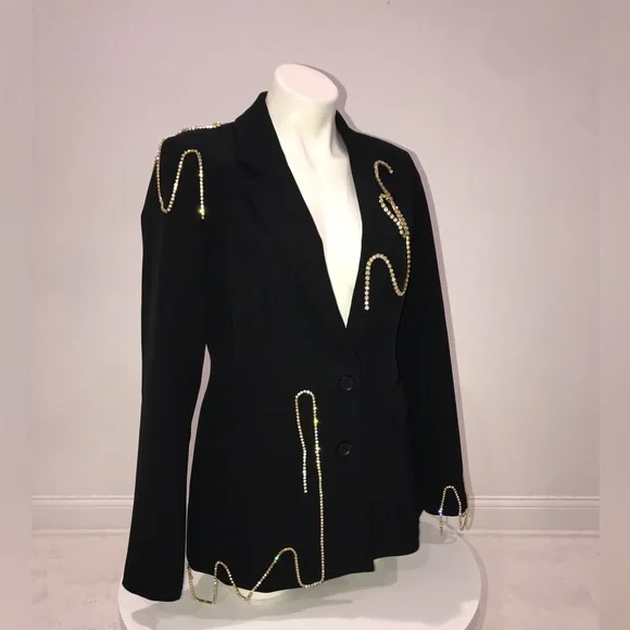 BNWT Custom OPEN EDIT Black Blazer Button Closure Crystal Trim Bling Ladies M